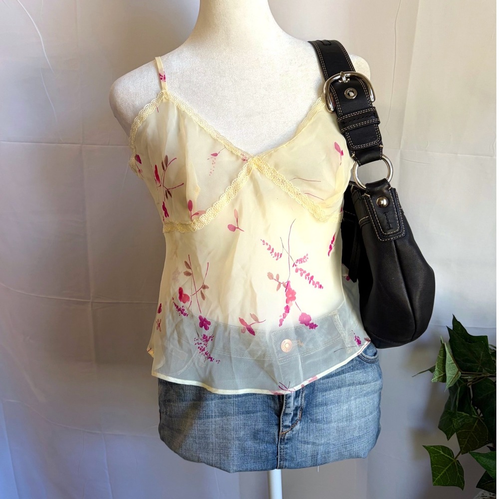 Calvin Klein Vintage Babydoll Fairy Floral Sheer Camisole Top Yellow Pink M